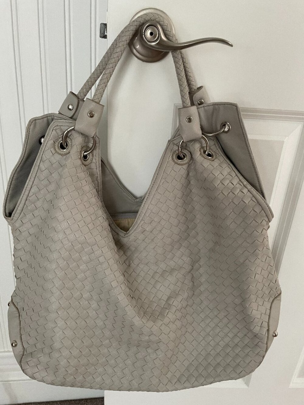 Amrita Singh Dove Grey Woven Intrecciato Slouchy Hobo Bag Tote